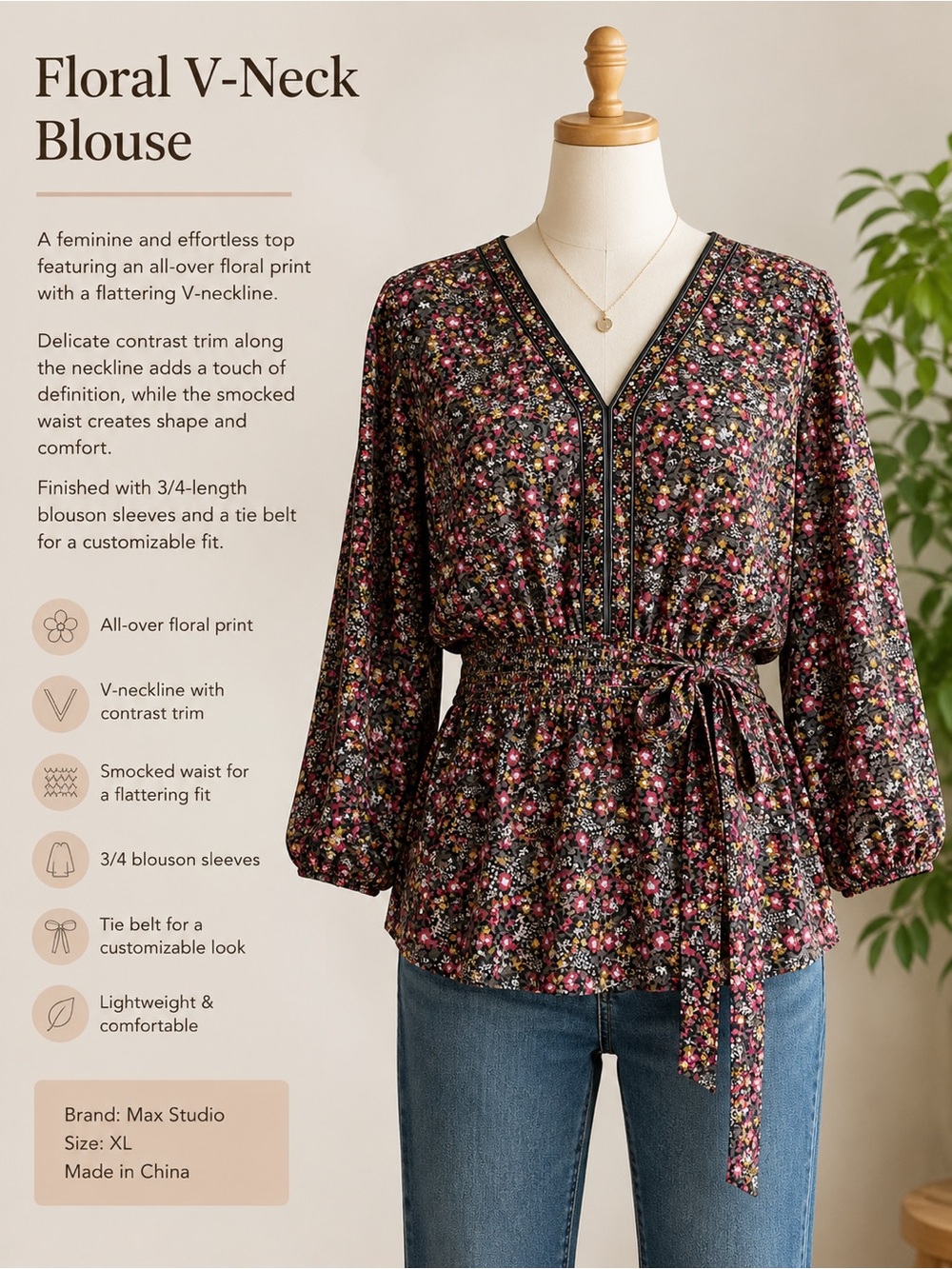 Max Studio Black Floral V-Neck Smocked Waist Blouse